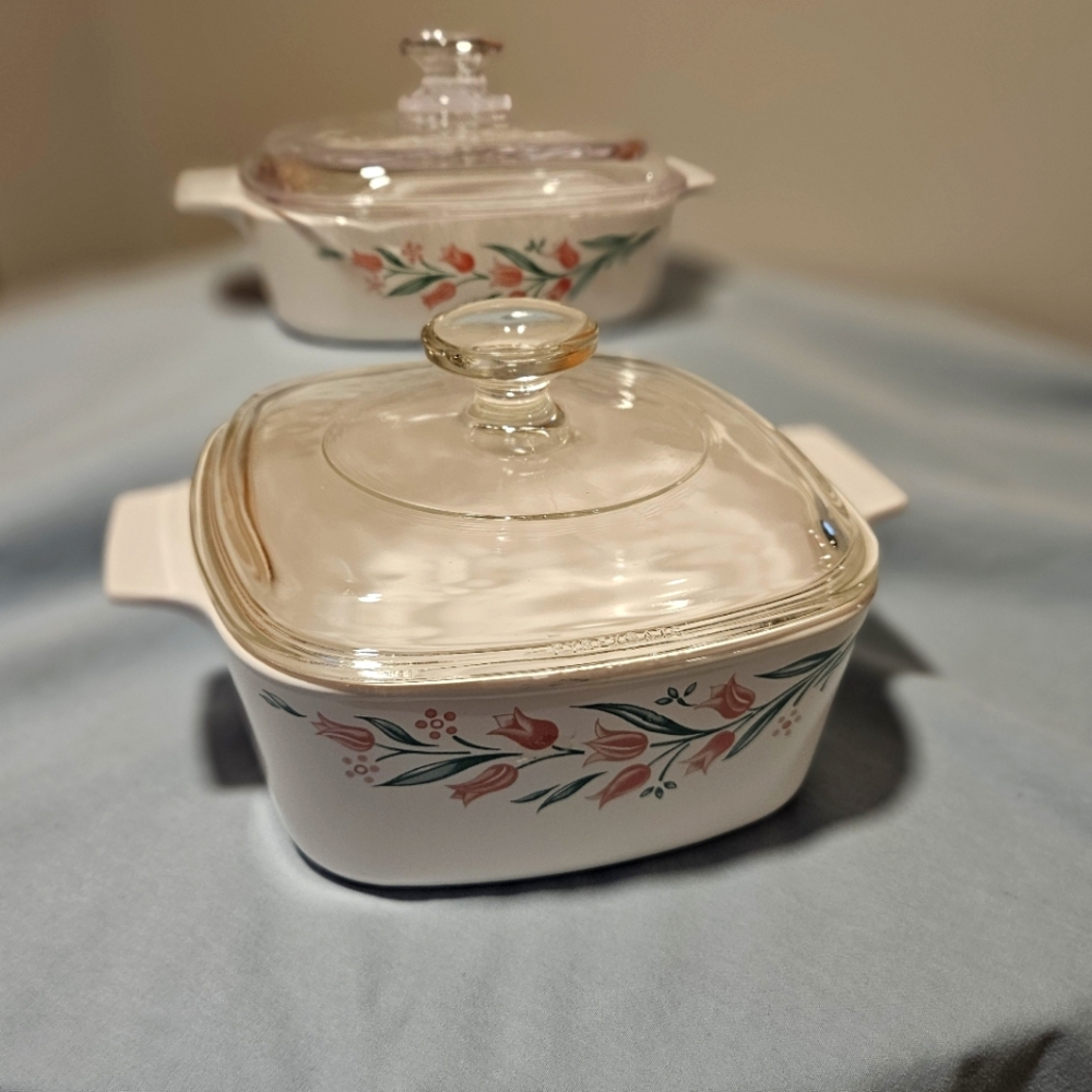 Two Vintage Corning Ware Casserole Dishes with Lids Rosemarie Pink Tulip Pattern